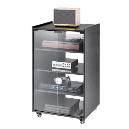 5-Tier AV Media Stand with Wheels, Wooden Audio-Video Media Stand for DVD Players/Cable Boxes/Games Consoles, Height-Adjustable Media Storage Cabinet for Gaming, Recording Room, Black