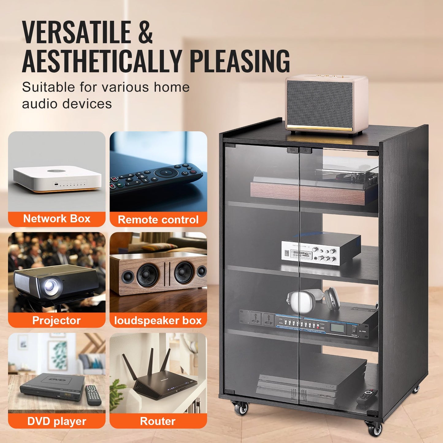 5-Tier AV Media Stand with Wheels, Wooden Audio-Video Media Stand for DVD Players/Cable Boxes/Games Consoles, Height-Adjustable Media Storage Cabinet for Gaming, Recording Room, Black