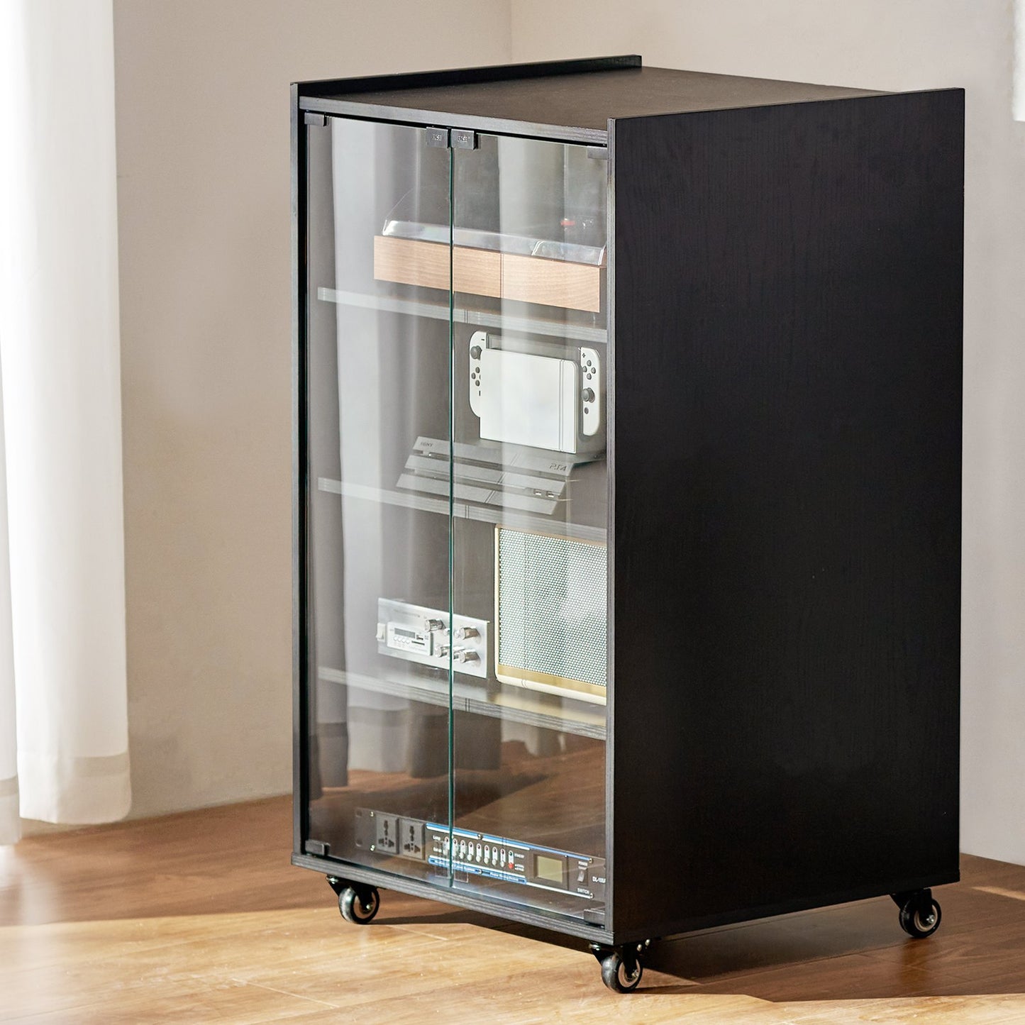 5-Tier AV Media Stand with Wheels, Wooden Audio-Video Media Stand for DVD Players/Cable Boxes/Games Consoles, Height-Adjustable Media Storage Cabinet for Gaming, Recording Room, Black