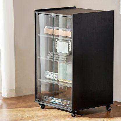 5-Tier AV Media Stand with Wheels, Wooden Audio-Video Media Stand for DVD Players/Cable Boxes/Games Consoles, Height-Adjustable Media Storage Cabinet for Gaming, Recording Room, Black