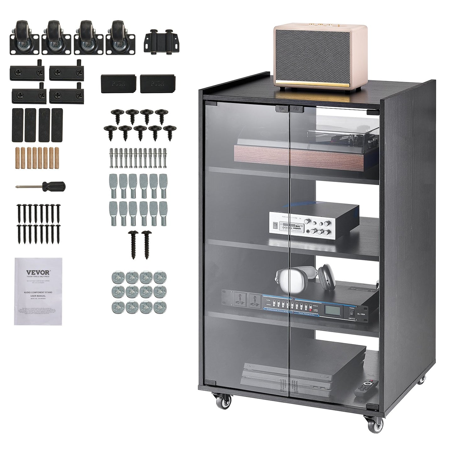 5-Tier AV Media Stand with Wheels, Wooden Audio-Video Media Stand for DVD Players/Cable Boxes/Games Consoles, Height-Adjustable Media Storage Cabinet for Gaming, Recording Room, Black