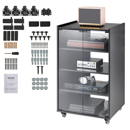 5-Tier AV Media Stand with Wheels, Wooden Audio-Video Media Stand for DVD Players/Cable Boxes/Games Consoles, Height-Adjustable Media Storage Cabinet for Gaming, Recording Room, Black