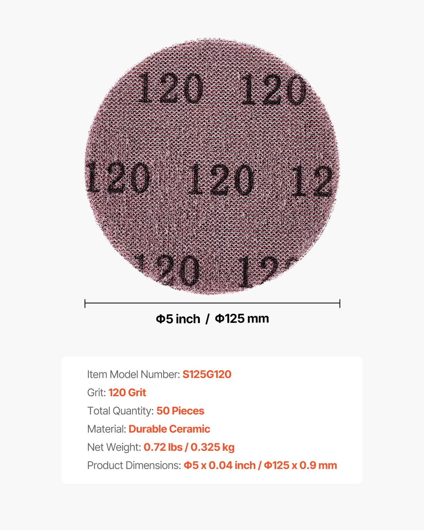 5-inch Mesh Abrasive Sanding Discs, 50PCS 120 Grit Anti-Clogging Ceramic Sandpapers Dust Free, Hook-and-Loop Sanding Discs for Metal Wood Plaster Sanding, Car Body Repair, Paint Removal