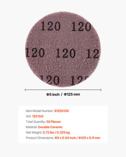 5-inch Mesh Abrasive Sanding Discs, 50PCS 120 Grit Anti-Clogging Ceramic Sandpapers Dust Free, Hook-and-Loop Sanding Discs for Metal Wood Plaster Sanding, Car Body Repair, Paint Removal