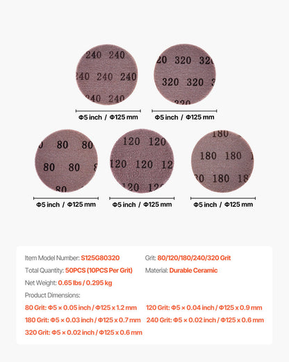 5-inch Mesh Abrasive Sanding Discs 50PCS, Grit 80/120/180/240/320 Assorted Anti-Clogging Ceramic Mesh Sandpapers, Hook-and-Loop Sanding Discs for Metal Wood Plaster, Car Body, Paint Removal