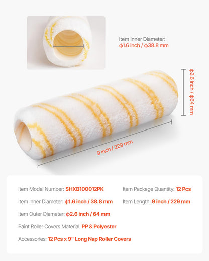Paint Roller Covers, 12 Pack 9 Inch Shedless Roller Covers, 3/8 Inch Nap High Dense Roller Covers for Roller Frame & Paint Roller Kit, Paint Rollers for Painting Walls, House Painting Supplies