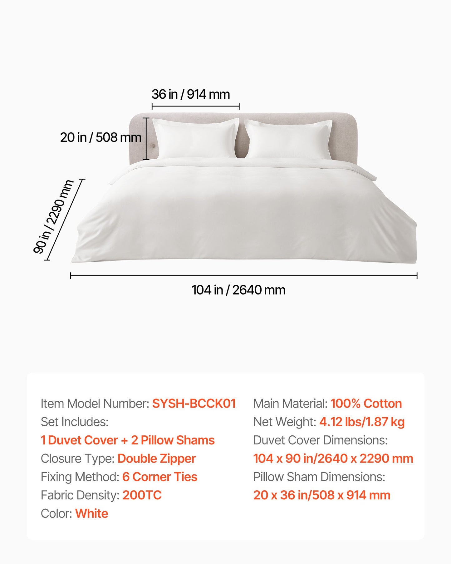 King Duvet Cover Set, 100% Cotton, 3 Pieces Bedding Set King Size with 1 Duvet Cover 104 x 90 in and 2 Pillow Shams 20 x 36 in, Soft Breathable, Double Zipper Closure, for Home Bedding, White