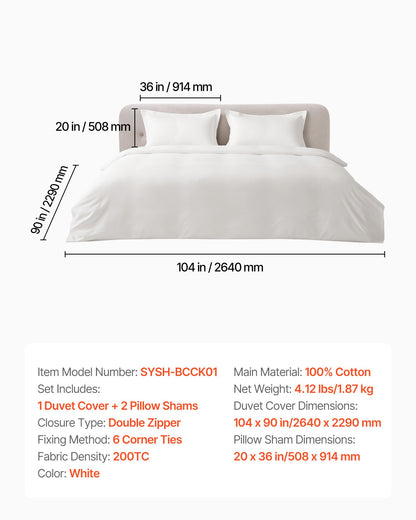King Duvet Cover Set, 100% Cotton, 3 Pieces Bedding Set King Size with 1 Duvet Cover 104 x 90 in and 2 Pillow Shams 20 x 36 in, Soft Breathable, Double Zipper Closure, for Home Bedding, White