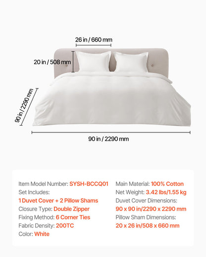 Queen Duvet Cover Set, 100% Cotton, 3 Pieces Bedding Set Queen Size with 1 Duvet Cover 90 x 90 in and 2 Pillow Shams 20 x 26 in, Soft Breathable, Double Zipper Closure, for Home Bedding, White
