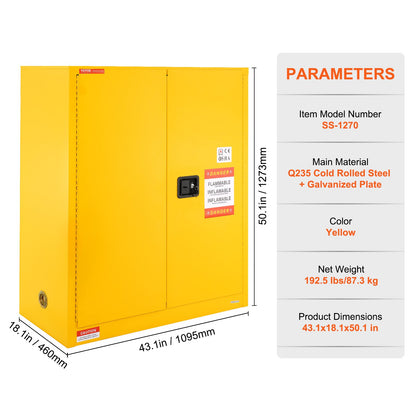 Flammable Safety Cabinet, 30 Gal, Cold Rolled Steel Flammable Liquid Storage Cabinet, 43.1x18.1x50.1 in Explosion Proof with 1 Adjustable Shelf 2 Manual Closing Doors for Industrial Use, Yellow