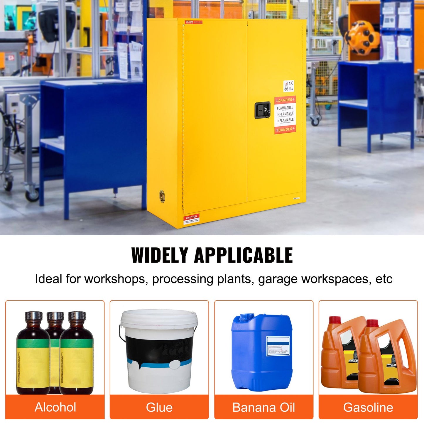 Flammable Safety Cabinet, 30 Gal, Cold Rolled Steel Flammable Liquid Storage Cabinet, 43.1x18.1x50.1 in Explosion Proof with 1 Adjustable Shelf 2 Manual Closing Doors for Industrial Use, Yellow