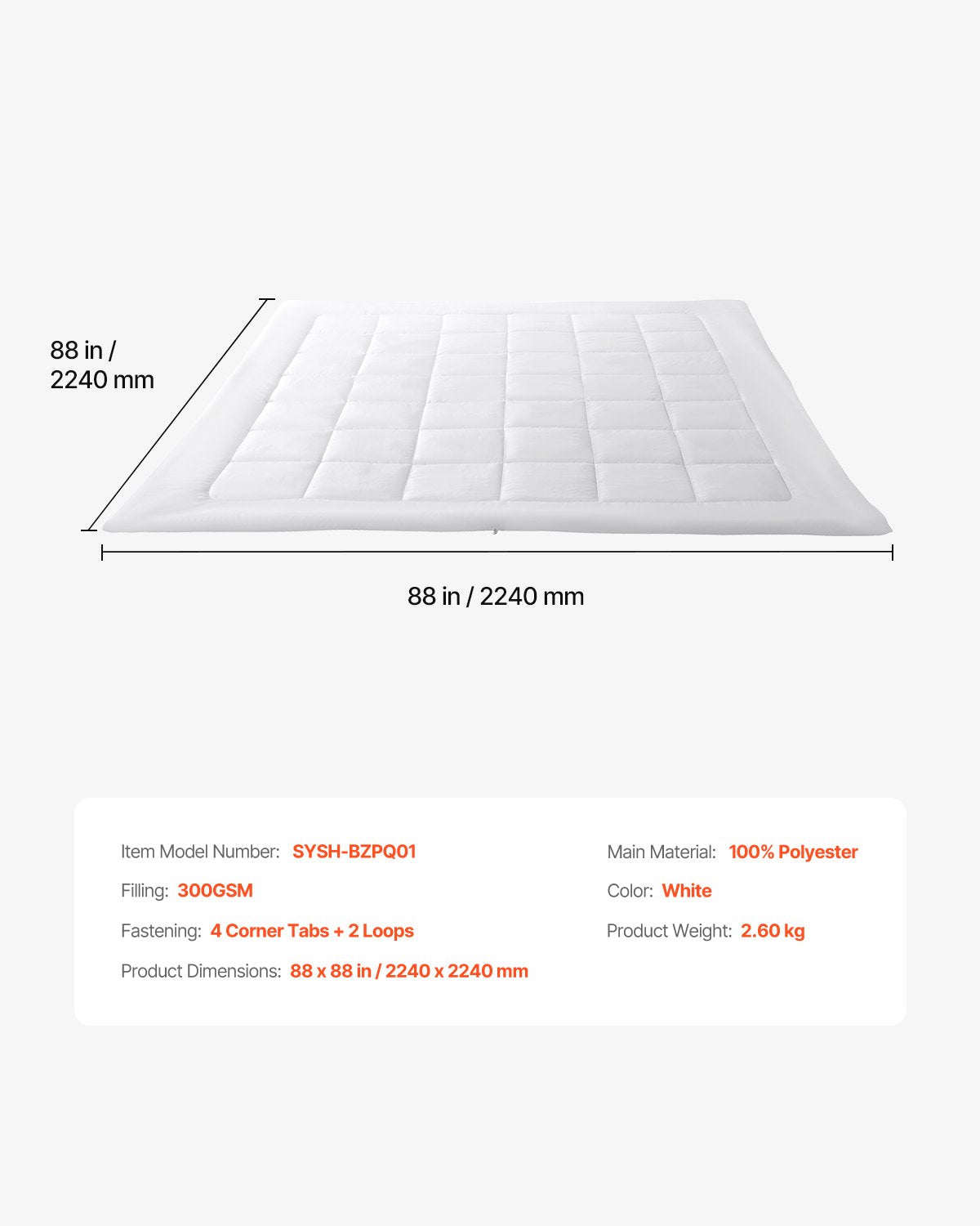 Comforter Duvet Insert, 88 x 88 in, Queen Size Down Alternative Comforter, Quilted All Season Duvet with 4 Tabs, Soft & Machine Washable, Box Stitched Bedding for Home Hotel, Women/Men, White