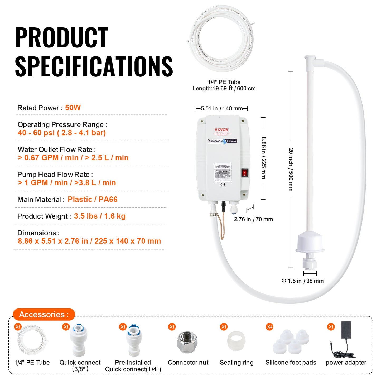 Bottled Water Dispenser Pump System, 5 Gallon Dispensing System, Automatic Electric Water Dispenser, Single Inlet Water Jug Pump, Compatible Use with Coffee/Tea Machine, Refrigerator, Ice Maker