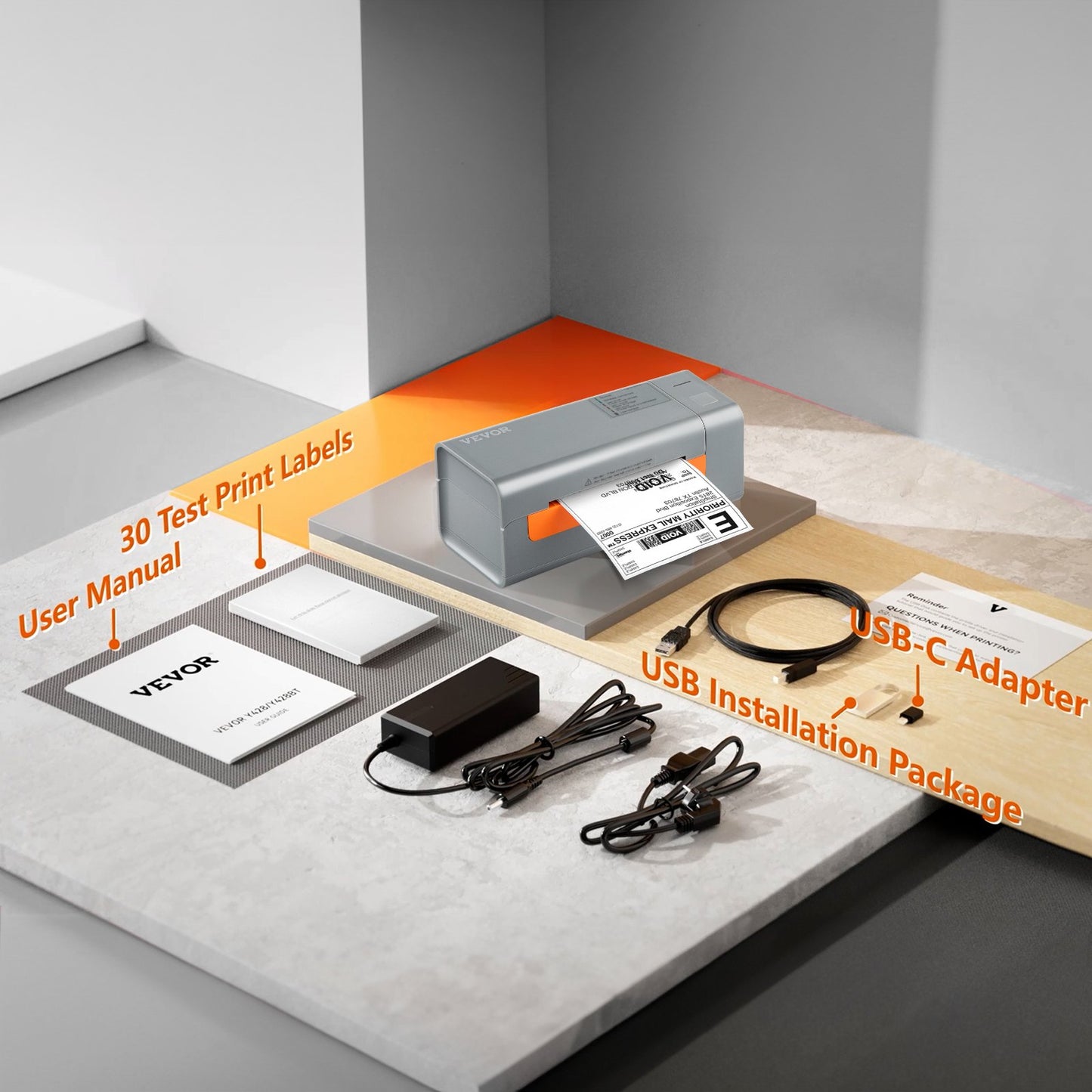 Termisk etikettskrivare, 203DPI 60 st/min för 4x6 postpaket, USB-anslutning och automatisk etikettigenkänning, stöd för Windows/MacOS/Linux, kompatibel med Amazon, eBay, Etsy, UPS, etc, Gray