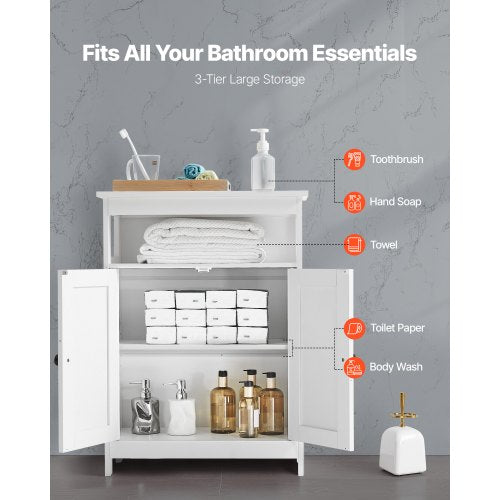 Wooden bathroom cabinet, storage, 3 levels with adjustable shelf, white | EU