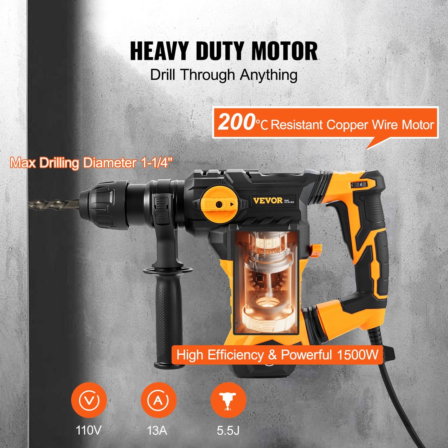1-1/4 Inch SDS-Plus Rotary Hammer Drill, 13 Amp Corded Drills, Heavy Duty Chipping Hammers with Vibration Control & Safety Clutch, Electric Demolition Hammers Variable Speed, Power Tool For Conc