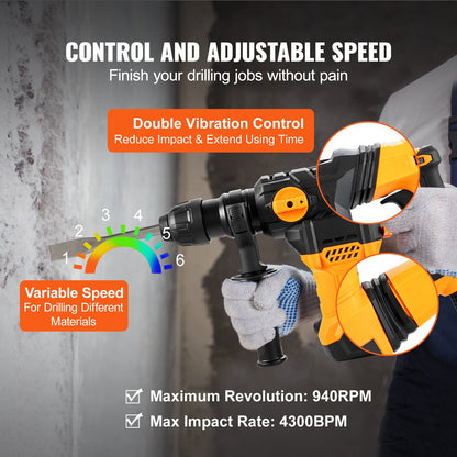 1-1/4 Inch SDS-Plus Rotary Hammer Drill, 13 Amp Corded Drills, Heavy Duty Chipping Hammers with Vibration Control & Safety Clutch, Electric Demolition Hammers Variable Speed, Power Tool For Conc