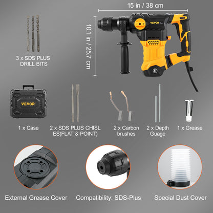 1-1/4 Inch SDS-Plus Rotary Hammer Drill, 13 Amp Corded Drills, Heavy Duty Chipping Hammers with Vibration Control & Safety Clutch, Electric Demolition Hammers Variable Speed, Power Tool For Conc