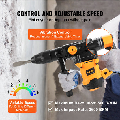 1-9/16 Inch SDS-Max Rotary Hammer Drill, 13Amp Corded Drills, Heavy Duty Chipping Hammers with Vibration Control & Safety Clutch, Electric Demolition Hammers Variable Speed, Power Tool For Concr