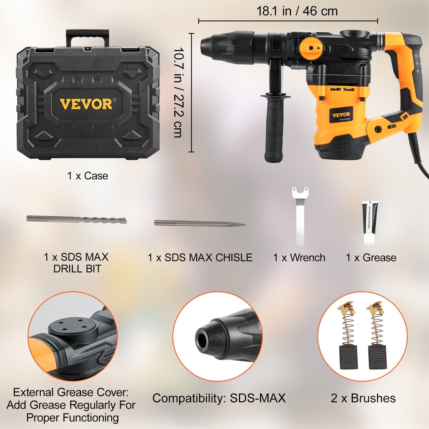 1-9/16 Inch SDS-Max Rotary Hammer Drill, 13Amp Corded Drills, Heavy Duty Chipping Hammers with Vibration Control & Safety Clutch, Electric Demolition Hammers Variable Speed, Power Tool For Concr