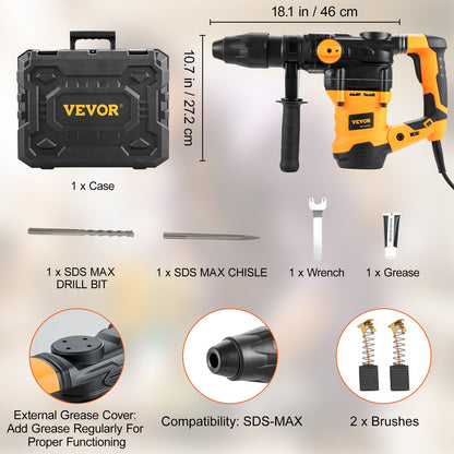 1-9/16 Inch SDS-Max Rotary Hammer Drill, 13Amp Corded Drills, Heavy Duty Chipping Hammers with Vibration Control & Safety Clutch, Electric Demolition Hammers Variable Speed, Power Tool For Concr