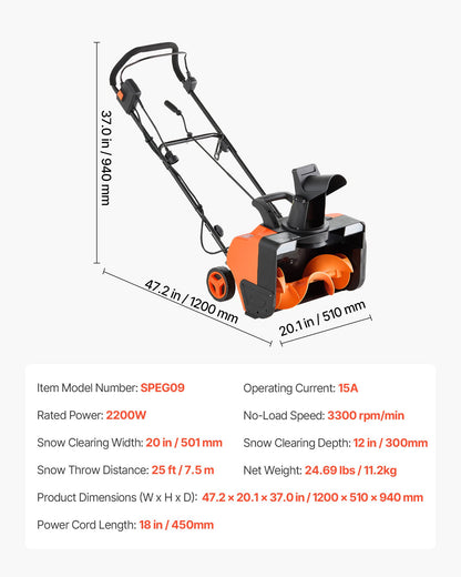 Electric Snow Blower, 20 inch 15A Corded Snow Thrower with Dual LED Headlights & 180° Rotating Chute, 25FT Throwing Distance, 12" Depth Clearing, Walk-Behind Snowblower for Driveway Sidewalk