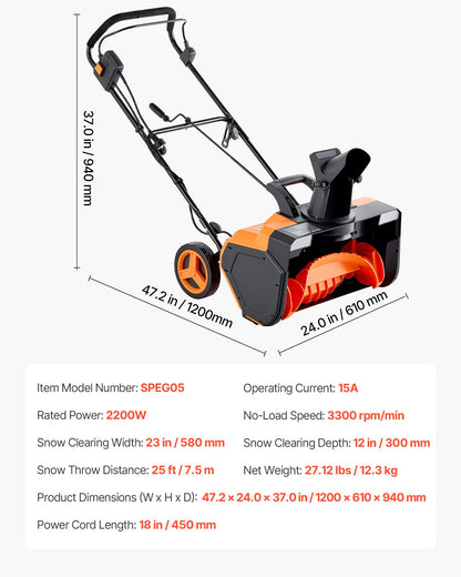 Electric Snow Blower, 23 inch 15A Corded Snow Thrower with Dual LED Headlights & 180° Rotating Chute, 25FT Throwing Distance, 12" Depth Clearing, Walk-Behind Snowblower for Driveway Sidewalk