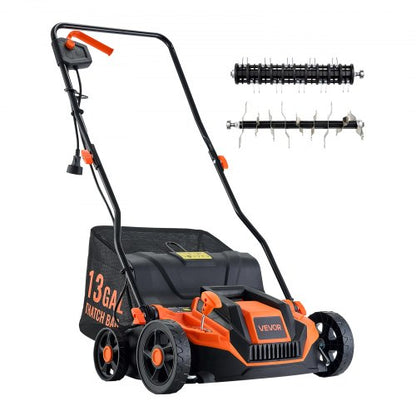 2-in-1 Electric Dethatcher and Scarifier, 13-Inch 13 Amp, Corded Lawn Dethatcher with 13-Gallon Thatch Collection Bag, 5-Position Depth Adjustment, Walk Behind Machine for Garden Yard Grass