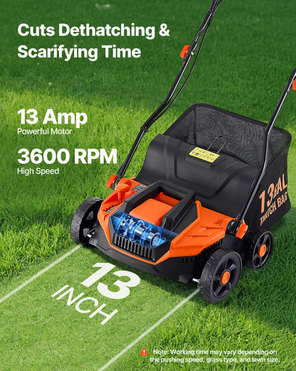 2-in-1 Electric Dethatcher and Scarifier, 13-Inch 13 Amp, Corded Lawn Dethatcher with 13-Gallon Thatch Collection Bag, 5-Position Depth Adjustment, Walk Behind Machine for Garden Yard Grass