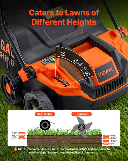 2-in-1 Electric Dethatcher and Scarifier, 13-Inch 13 Amp, Corded Lawn Dethatcher with 13-Gallon Thatch Collection Bag, 5-Position Depth Adjustment, Walk Behind Machine for Garden Yard Grass