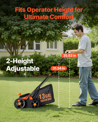 2-in-1 Electric Dethatcher and Scarifier, 13-Inch 13 Amp, Corded Lawn Dethatcher with 13-Gallon Thatch Collection Bag, 5-Position Depth Adjustment, Walk Behind Machine for Garden Yard Grass