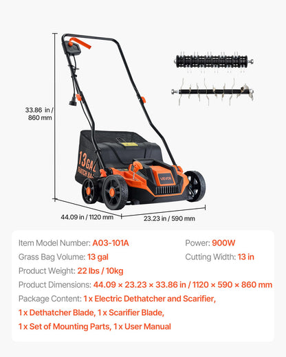 2-in-1 Electric Dethatcher and Scarifier, 13-Inch 13 Amp, Corded Lawn Dethatcher with 13-Gallon Thatch Collection Bag, 5-Position Depth Adjustment, Walk Behind Machine for Garden Yard Grass