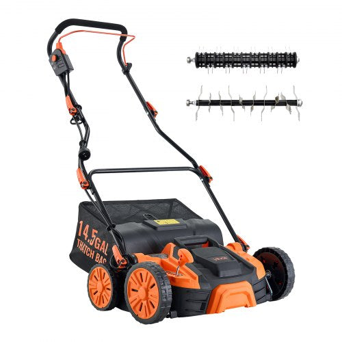 2-in-1 Electric Dethatcher and Scarifier, 16-Inch 15 Amp, Corded Lawn Dethatcher with 14.5-Gallon Thatch Collection Bag, 5-Position Depth Adjustment, Walk Behind Machine for Garden Yard Grass