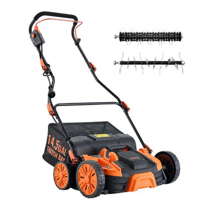 2-in-1 Electric Dethatcher and Scarifier, 16-Inch 15 Amp, Corded Lawn Dethatcher with 14.5-Gallon Thatch Collection Bag, 5-Position Depth Adjustment, Walk Behind Machine for Garden Yard Grass