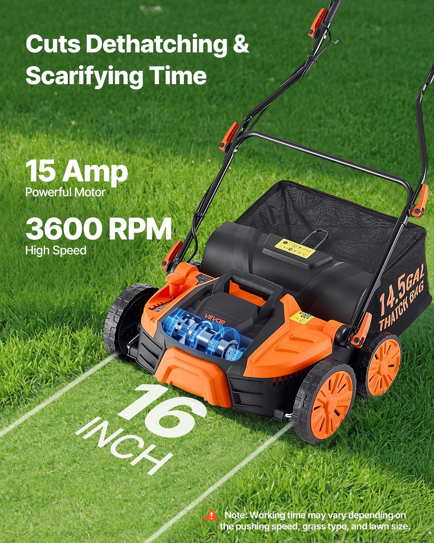 2-in-1 Electric Dethatcher and Scarifier, 16-Inch 15 Amp, Corded Lawn Dethatcher with 14.5-Gallon Thatch Collection Bag, 5-Position Depth Adjustment, Walk Behind Machine for Garden Yard Grass