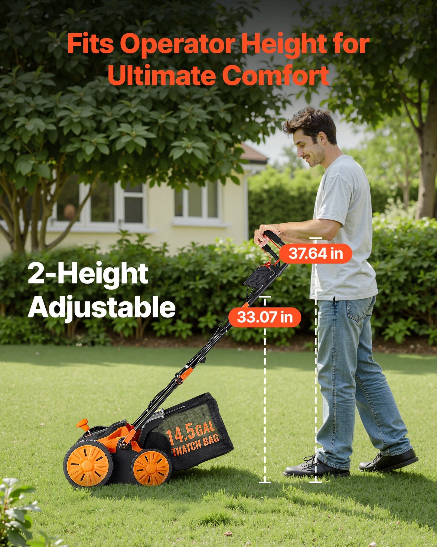 2-in-1 Electric Dethatcher and Scarifier, 16-Inch 15 Amp, Corded Lawn Dethatcher with 14.5-Gallon Thatch Collection Bag, 5-Position Depth Adjustment, Walk Behind Machine for Garden Yard Grass
