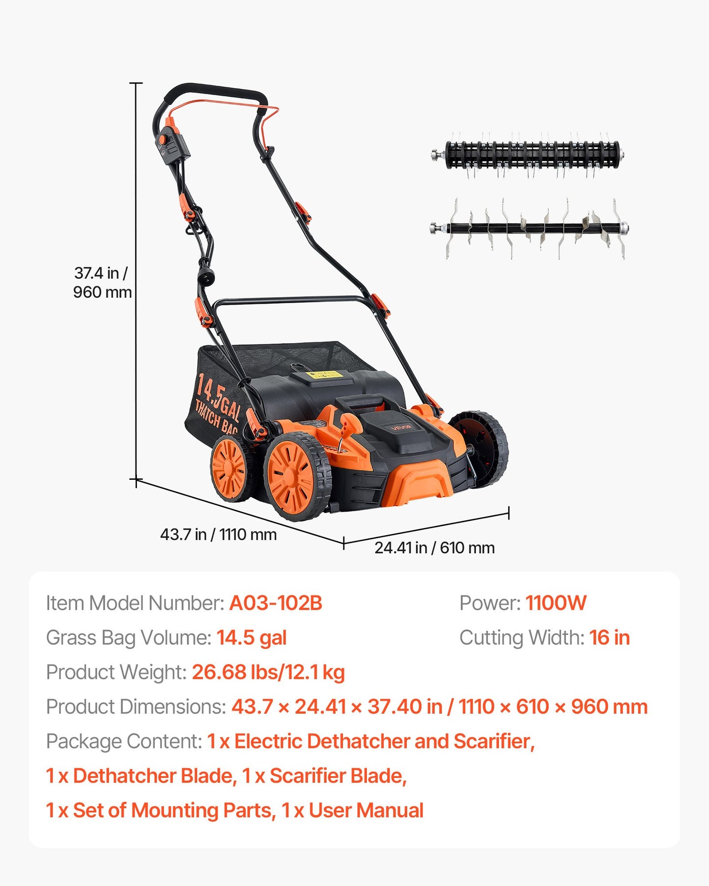 2-in-1 Electric Dethatcher and Scarifier, 16-Inch 15 Amp, Corded Lawn Dethatcher with 14.5-Gallon Thatch Collection Bag, 5-Position Depth Adjustment, Walk Behind Machine for Garden Yard Grass