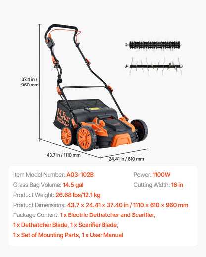 2-in-1 Electric Dethatcher and Scarifier, 16-Inch 15 Amp, Corded Lawn Dethatcher with 14.5-Gallon Thatch Collection Bag, 5-Position Depth Adjustment, Walk Behind Machine for Garden Yard Grass