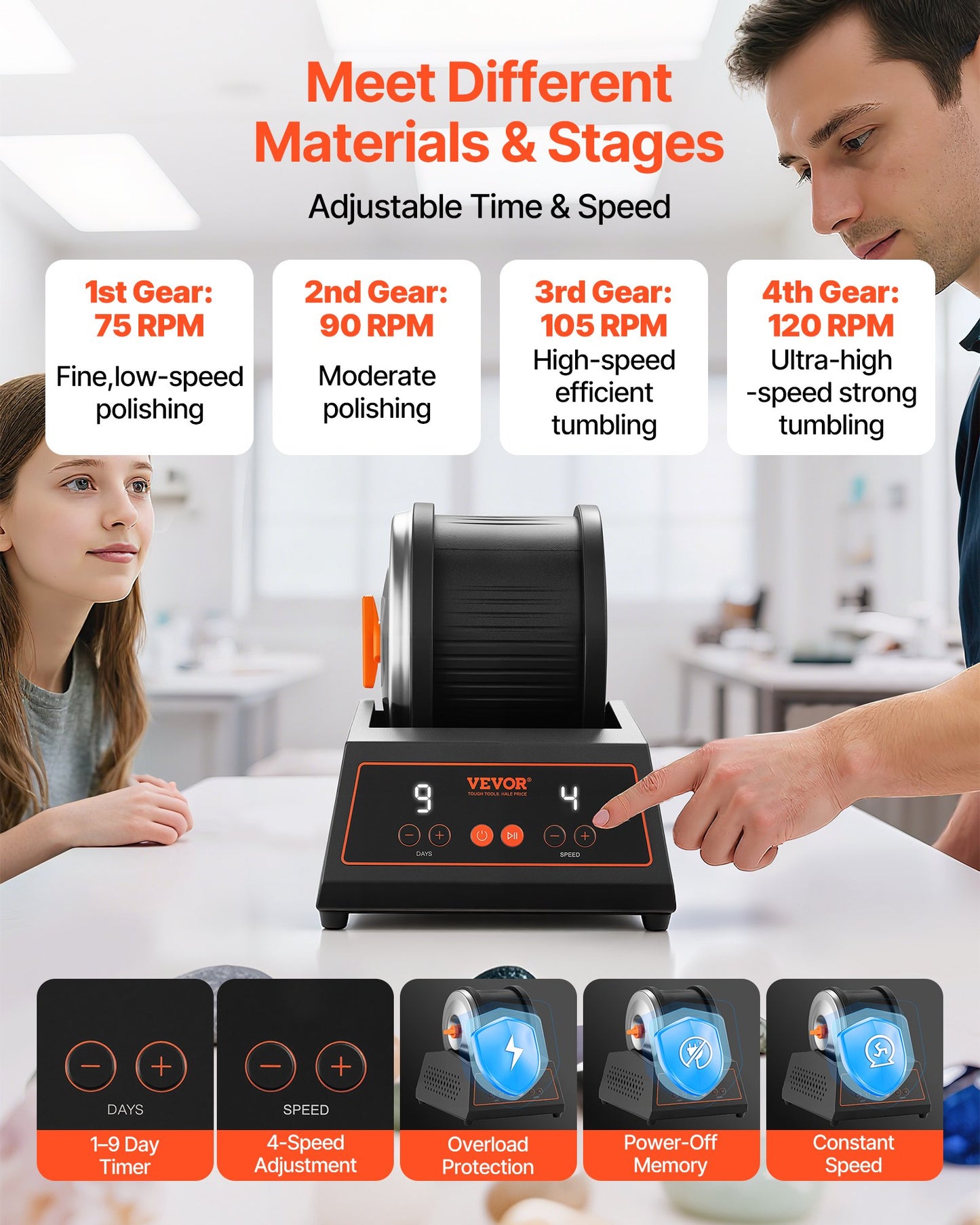 Rock Tumbler Kit, 4lbs Rock Polishing Kit, 4 Speed Settings 9-Day Polishing Timer Stone Polishing Kit, Belt-Free Rock Polisher with Adapter & Overload Protection, Rock Polisher for Adults Kids