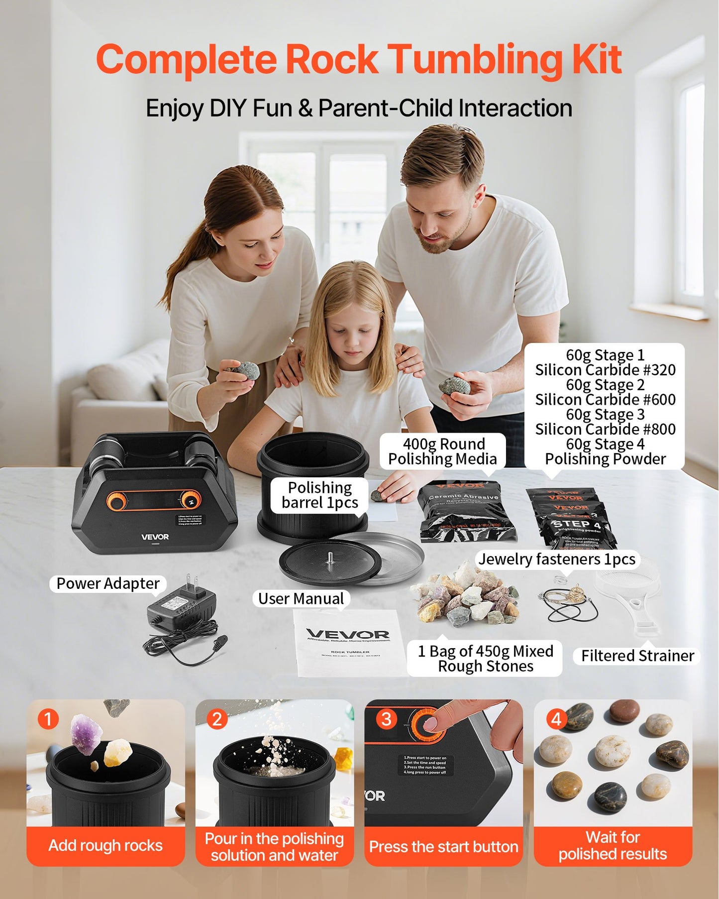 Rock Tumbler Kit, 3 lbs Rock Polishing Kit, 4 Speed Settings 9-Day Polishing Timer Stone Polishing Kit, Rock Polisher with Rough Gemstones and Polishing Grits, Rock Polisher for Adults Kids