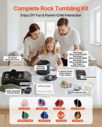 Rock Tumbler, 2 lb Rock Polishing Machine, Rocks Tumbling Kit with 4-Speed Adjustment, 1–9 Day Timer, PC Sound Reduction Cover & TPU Drum, Direct Drive Motor Rocks Polishing, Quiet Operation