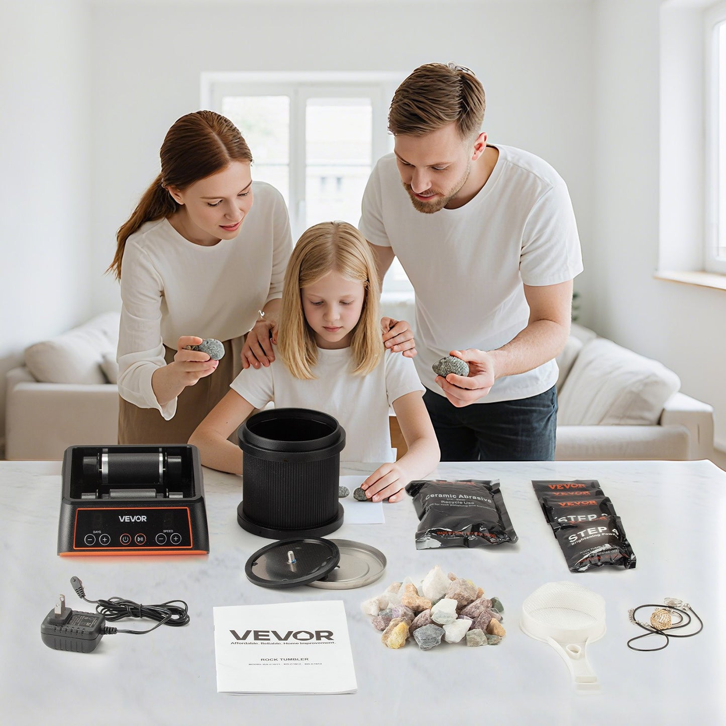 Rock Tumbler Kit, 2 lbs Rock Polishing Kit, 4 Speed Settings 9-Day Polishing Timer Stone Polishing Kit, Rock Polisher with Rough Gemstones and Polishing Grits, Rock Polisher for Adults Kids