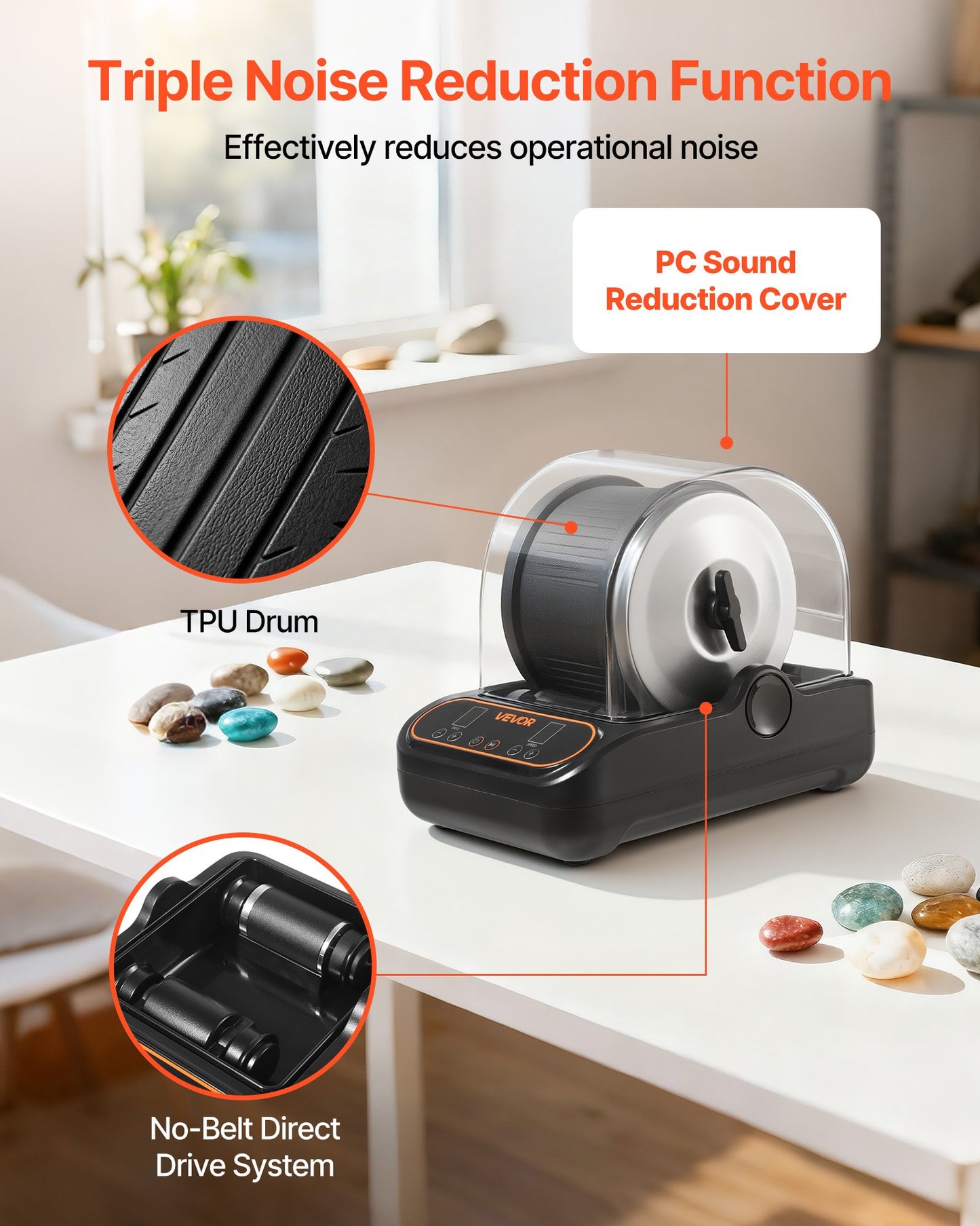 Rock Tumbler, 3 lb Rock Polishing Machine, Rocks Tumbling Kit with 4-Speed Adjustment, 1–9 Day Timer, PC Sound Reduction Cover & TPU Drum, Direct Drive Motor Rocks Polishing, Quiet Operation