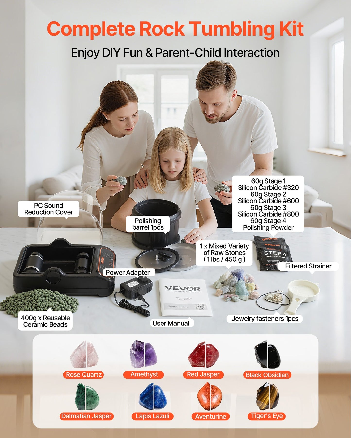 Rock Tumbler, 3 lb Rock Polishing Machine, Rocks Tumbling Kit with 4-Speed Adjustment, 1–9 Day Timer, PC Sound Reduction Cover & TPU Drum, Direct Drive Motor Rocks Polishing, Quiet Operation