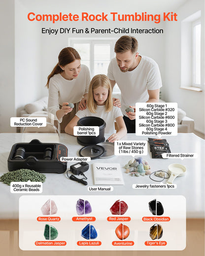 Rock Tumbler, 3 lb Rock Polishing Machine, Rocks Tumbling Kit with 4-Speed Adjustment, 1–9 Day Timer, PC Sound Reduction Cover & TPU Drum, Direct Drive Motor Rocks Polishing, Quiet Operation