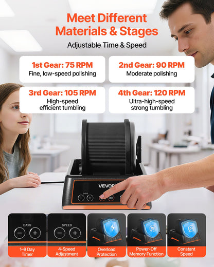 Rock Tumbler, 1 lb Rock Polishing Machine, Rocks Tumbling Kit with 4-Speed Adjustment, 1–9 Day Timer, Direct Drive Motor Rocks Polishing Kit for Rose Quartz, Amethyst, Quiet Operation
