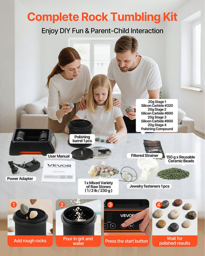 Rock Tumbler, 1 lb Rock Polishing Machine, Rocks Tumbling Kit with 4-Speed Adjustment, 1–9 Day Timer, Direct Drive Motor Rocks Polishing Kit for Rose Quartz, Amethyst, Quiet Operation