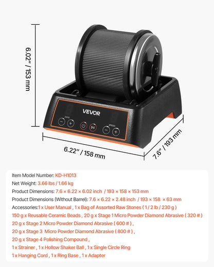 Rock Tumbler, 1 lb Rock Polishing Machine, Rocks Tumbling Kit with 4-Speed Adjustment, 1–9 Day Timer, Direct Drive Motor Rocks Polishing Kit for Rose Quartz, Amethyst, Quiet Operation