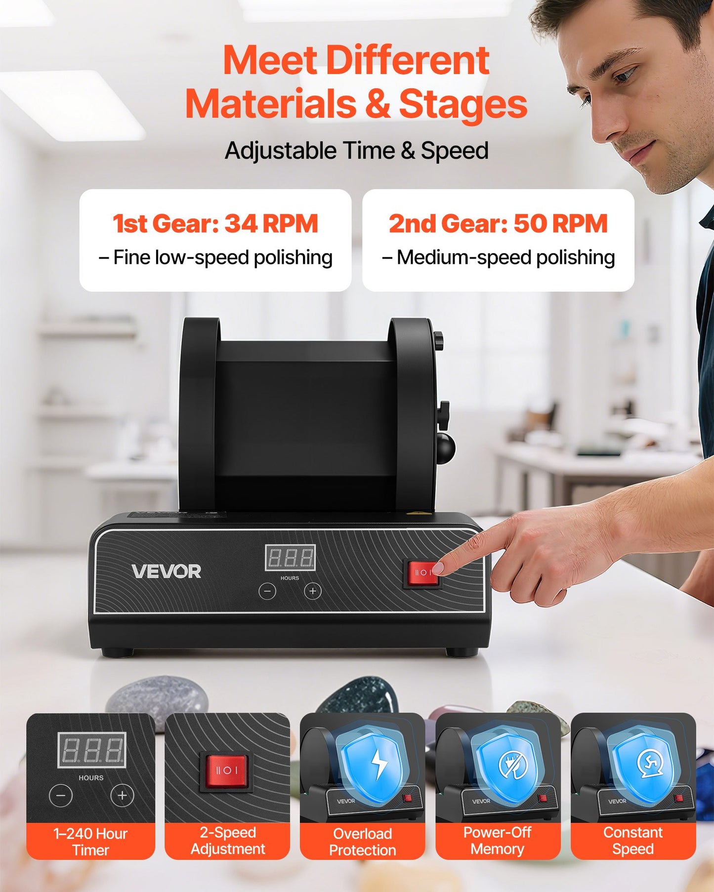 Rock Tumbler Kit, 17 lbs Rock Polishing Kit, 2-Speed Stone Polishing Kit with 240-Hour Polishing Timer, Rock Polisher with Belt-Driven Brushless Motor, Rock Polisher for Adults and Kids