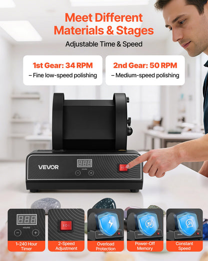 Rock Tumbler Kit, 17 lbs Rock Polishing Kit, 2-Speed Stone Polishing Kit with 240-Hour Polishing Timer, Rock Polisher with Belt-Driven Brushless Motor, Rock Polisher for Adults and Kids